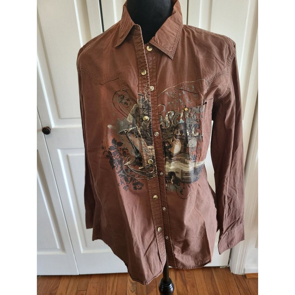 Natural Reflections Brown Western Graphic Snap Long Sleeve L Rodeo Cowgirl Bling